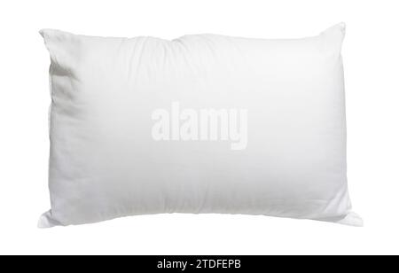 White pillow in hotel or resort room is isolated on white background with clipping path. Concept of comfortable and happy sleep in daily life Stock Photo