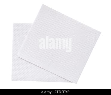 Top view of two folded pieces of white tissue paper or napkin in stack is isolated on white background with clipping path. Stock Photo