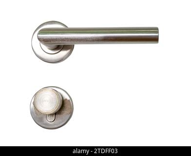 Close up photo of silver metal door handle is isolated on white background with clipping path. Stock Photo