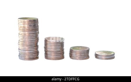 Silver coins in separated stacks are isolated on white background with ...