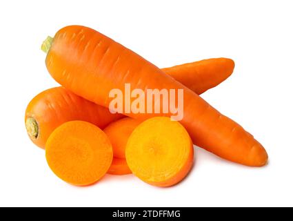 Two fresh orange carrots with slices in stack are isolated on white background with clipping path Stock Photo