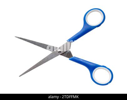 Small multipurpose scissors with blue handle is isolated on white background with clipping path. Stock Photo