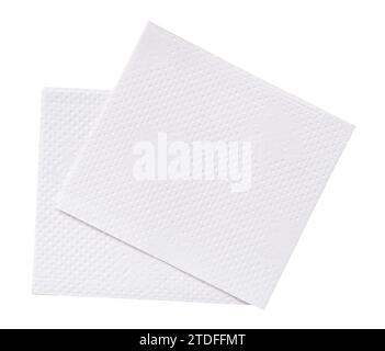 Two folded pieces of white tissue paper or napkin in stack tidily prepared for use in toilet or restroom are isolated on white background Stock Photo