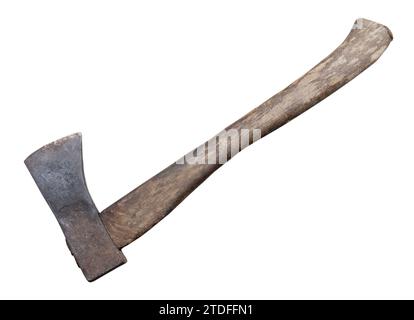 Old rust dirty dark gray axe with brown wooden handle is isolated on white background with clipping path. Stock Photo