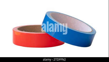 Red and blue adhesive cloth tapes or vinyl tape in stack are isolated on white background with clipping path. Stock Photo
