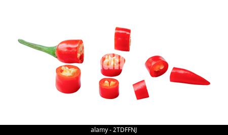 Fresh red chili pepper slices are isolated on white background with clipping path. Top view and flat lay Stock Photo