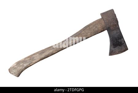 Old rust dirty dark gray axe with brown wooden handle is isolated on white background with clipping path. Stock Photo