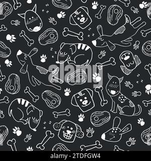 Funny seamless template with hand drawn dogs, paw prints and bones. Vector animal character in white color on black background Stock Vector