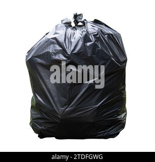 Single black garbage plastic bag with trash inside is isolated on white background with clipping path. environment conservation concept Stock Photo