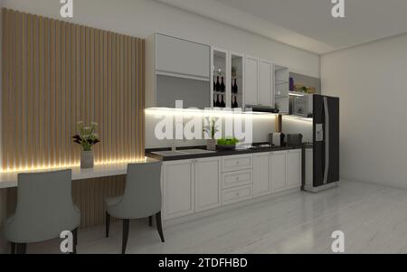 Modern Kitchen Cabinet Design with Simple Bar Table and Wooden Wall Panel Stock Photo