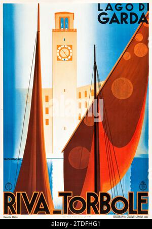 Vintage Italy Travel Poster (ENIT, 1936). Italian Poster 'Lake Garda' Riva Torbole, Artist Giuseppe Riccobaldi. Stock Photo