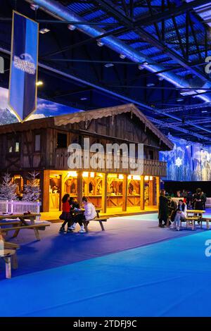 Alpine style chalet bar at Kingdom of Winter Christmas market at the ExCeL Centre, London, England Stock Photo