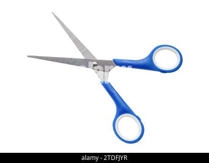 Small multipurpose scissors with blue handle is isolated on white background with clipping path. Stock Photo