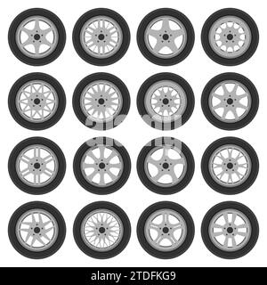 Car wheel rims with tires set. Automobile and other vehicle spare parts cast, steel, light alloy and aluminum wheels icon flat style. Repair shop or s Stock Vector