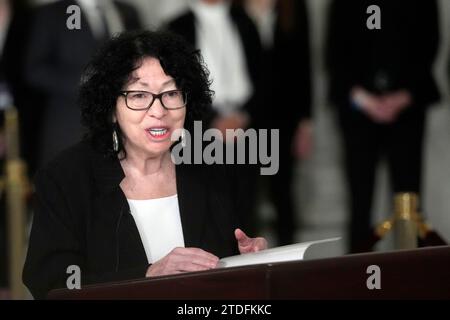 Washington, United States. 18th Dec, 2023. Supreme Court Justice Sonia Sotomayor speaks during a service for retired Supreme Court Justice Sandra Day O'Connor in the Great Hall at the Supreme Court in Washington DC on Monday, December 18, 2023. O'Connor, the first woman to serve on the nation's highest court, died December 1, at age 93. Pool photo by Jacquelyn Martin/UPI Credit: UPI/Alamy Live News Stock Photo