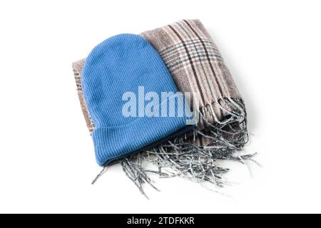 Wool knitted hat and scarf isolated on white background Stock Photo