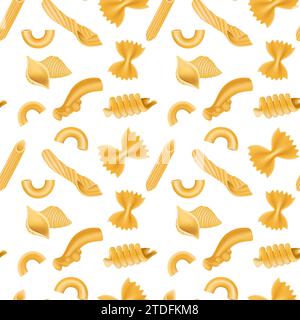 Macaroni seamless patter. Realistic isolated on white background pasta different types. Packaging design. Decor textile, wrapping paper, kitchen wallp Stock Vector