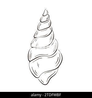 Spiral seashell logo in line art style. Marine twisted sea shell. Underwater shellfish. Vector illustration isolated on a white background. Stock Vector