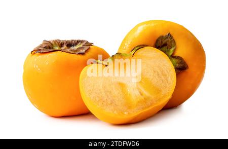 Orange ripe persimmons with half in stack are isolated on white background with clipping path. Stock Photo
