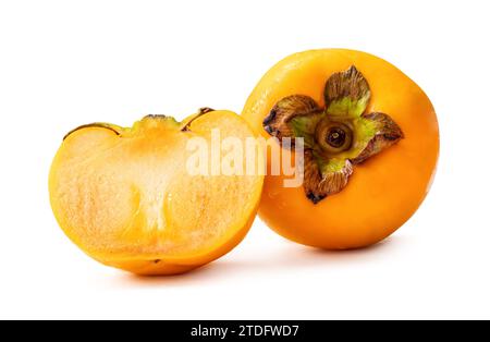 Fresh orange ripe persimmon with half is isolated on white background with clipping path. Stock Photo
