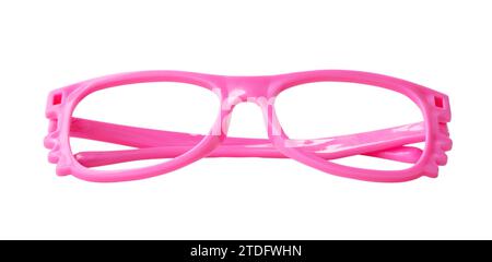 kid toy of beautiful pink plastic glasses for kid playing is isolated on white background with clipping path. Stock Photo