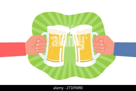 Beer festival, two hands holding beer glasses. Men cheers cold foam drinks in bar or pub. Oktoberfest toast. Friends drinking. Emblem or label Stock Vector