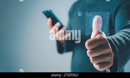 Businessman scan fingerprint biometric identity and approval. Secure access granted by valid fingerprint scan, Business Technology Safety Internet Net Stock Photo