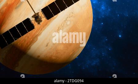 Clipper spacecraft traveling to the moon Europa with Jupiter rising in the background. 3d rendering. Elements of this image are furnished by NASA Stock Photo