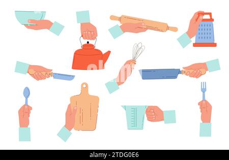 Cook hands hold set of cooking utensils. Kitchen objects for baking. Knives and forks, bowl and pans in arms. Preparing food tools and household Stock Vector