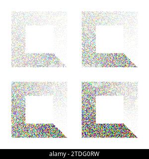 Square shaped dotted objects, stipple elements. Stippling, dotwork drawing shading using dots. Halftone disintegration effect. Colored noise grainy Stock Vector