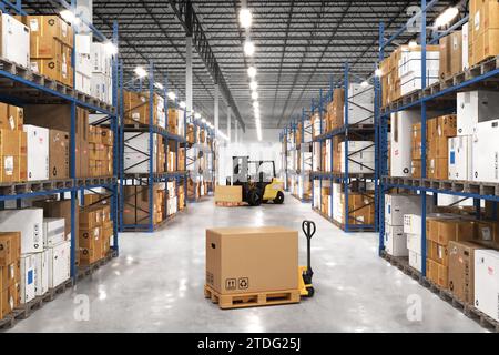 Pallet truck with a cardboard box in a warehouse. Large warehouse full of shelves, boxes and packaging on pallets. Logistics and distribution center f Stock Photo