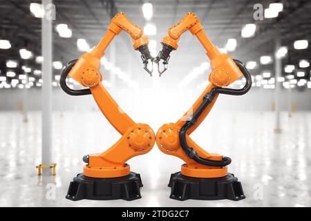 Robot arms touching each other, 3D rendering on industrial background. Stock Photo