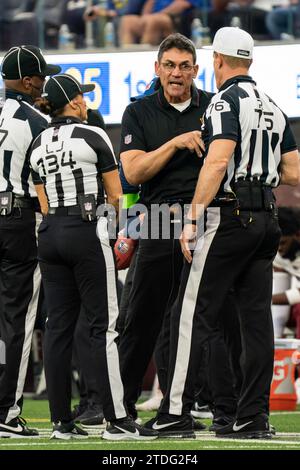 Washington Commanders head coach Ron Rivera speaks with referees during a NFL game against the Los Angeles Rams, Sunday, December 17, 2023, at SoFi Stadium, in Inglewood, CA. The Rams defeated the Commanders 28-20. (Jon Endow/Image of Sport) Stock Photo