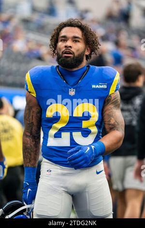 Los Angeles Rams running back Kyren Williams (23) before a NFL game against the Washington Commanders, Sunday, December 17, 2023, at SoFi Stadium, in Inglewood, CA. The Rams defeated the Commanders 28-20. (Jon Endow/Image of Sport) Stock Photo