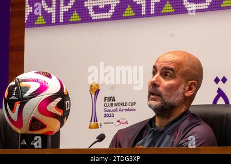 Jeddah, Saudi Arabia. 18th Dec, 2023. King Abdullah Sports City Manchester City coach - Pep Guardiola during a press conference the day before City's game against Urawa Reds in the FIFA Club World Cup ((6257) Richard Callis/Fotoarena/SPP) Credit: SPP Sport Press Photo. /Alamy Live News Stock Photo