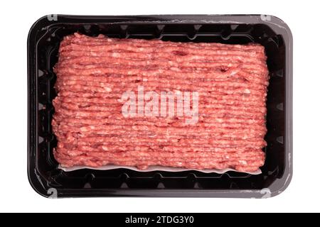 minced meat of pork and beef in black plastic tray, raw fresh forcemeat performance for lasagna isolated on white background with clipping path, packa Stock Photo