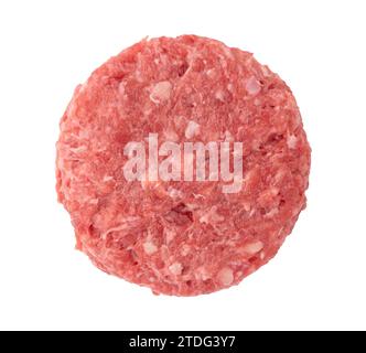 raw red meat burger for hamburger of minced ground beef or pork ready for cooking isolated on white background with clipping path, top view Stock Photo