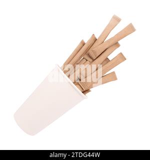 sugar sticks in paper cup, sugar in paper kraft packaging, mock up for design isolated on white background Stock Photo