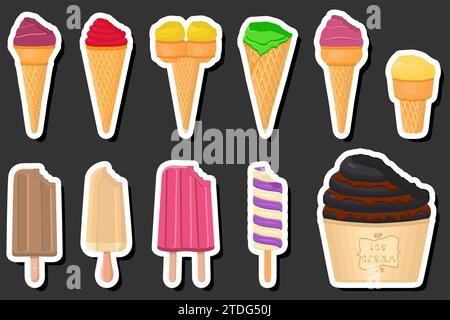Illustration on theme big kit ice cream popsicle different types in cone waffle cup, ice cream consisting of tasty popsicle on cone waffle cup, popsic Stock Vector