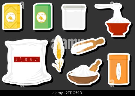 Illustration on theme big set different types dishware filled wheat flour, wheat flour pattern consisting of collection dishware for organic cooking, Stock Vector