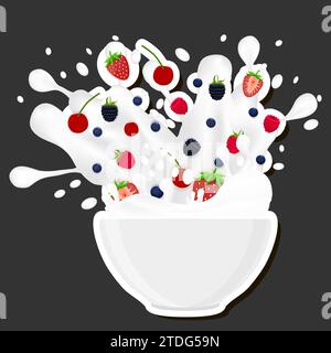 Illustration on theme big set different types dessert sweet milk cereal in bowl, cereal consisting of bowls filled with various ingredients Stock Vector