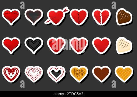 Illustration on theme beautiful big set sweet chocolate candy heart, candy heart consisting of black sweet chocolate covered powder  glaze, kit chocol Stock Vector
