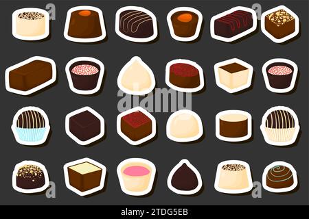 Illustration on theme beautiful big set sweet chocolate candy bonbon, candy bonbon consisting of black sweet chocolate covered powder  glaze, kit choc Stock Vector