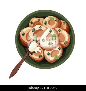 Dish dumplings in a wooden plate, with parsley, onion and sour cream. Flat, cartoon illustration. Vector illustration isolated on a white background Stock Vector