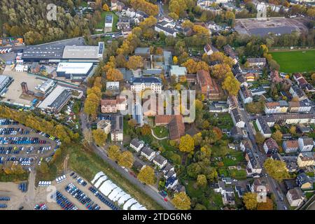 Aerial view, Willy Brandt Comprehensive School with gymnasium and teaching pool and Von Waldthausen School, surrounded by autumnal deciduous trees, Ro Stock Photo