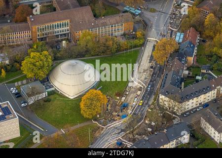 Aerial view, Planetarium Sternentheater at Castroper Straße with a road construction site, Hildegardis-Schule Gymnasium, Grumme, Bochum, Ruhr area, No Stock Photo