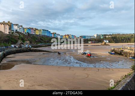 A view from the harbour at low tide in Tenby, Wales on a sunny day Stock Photo