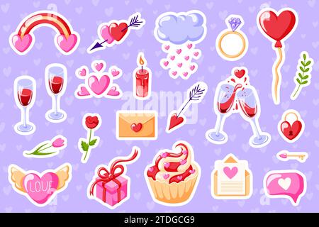 Sticker set for love Valentines Day in cartoon style. Flowers, hearts, wine. Vector illustration isolated on a violet background. Stock Vector