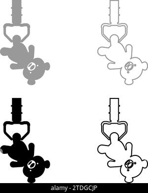 Prize toy manipulator hold plush bear cute doll iron hook crane claw picker for pick up set icon grey black color vector illustration image simple Stock Vector