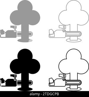 Chainsaw sawing tree woodchopper concept lumberjack arborist cutting deforestation prunes sprinking set icon grey black color vector illustration Stock Vector